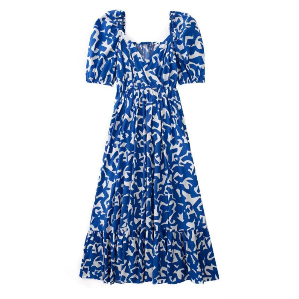 Spring Blue Printed Short Sleeve Poplin Dress
